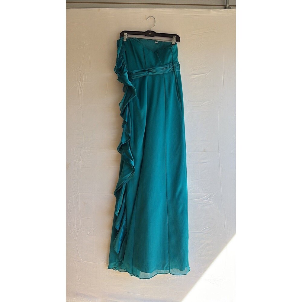 David's Bridal Teal Chiffon One-Shoulder Ruffle Evening Gown Size 2